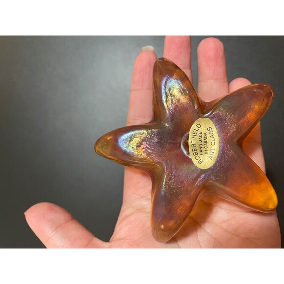 Robert Held Art Glass Star Iridescent Yellow Gold Waffle Paperweight Canada - Picture 7 of 9